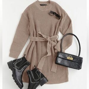 NWT Cozy Waffle Knit Crewneck Sweater Dress with Belt Tan Size Medium